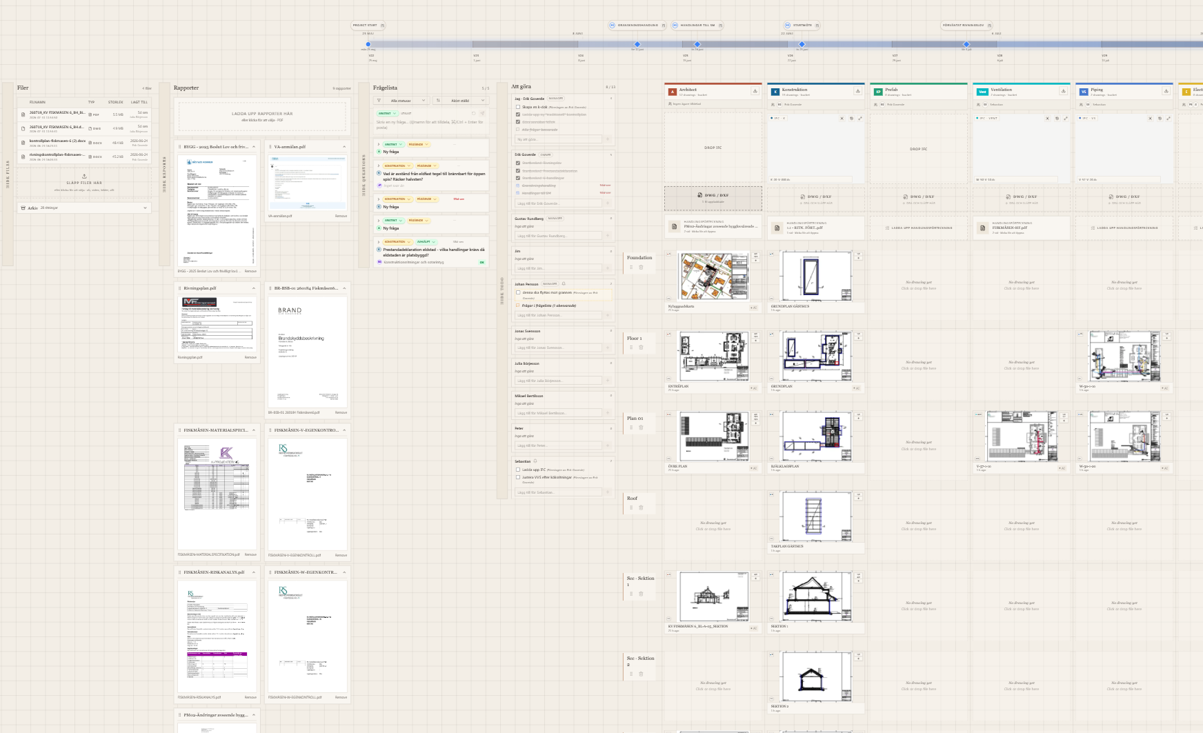 Screenshot of a live Canvas project board with drawings per discipline and floor